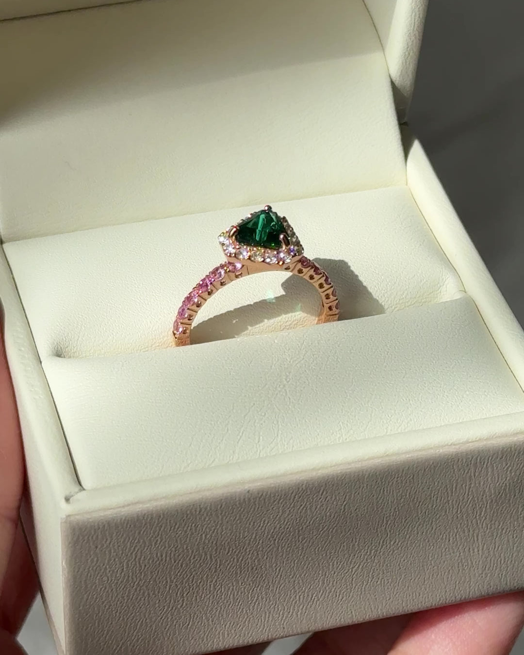 Diana Rose Gold Ring In Emerald, Diamond & Pink Sapphire