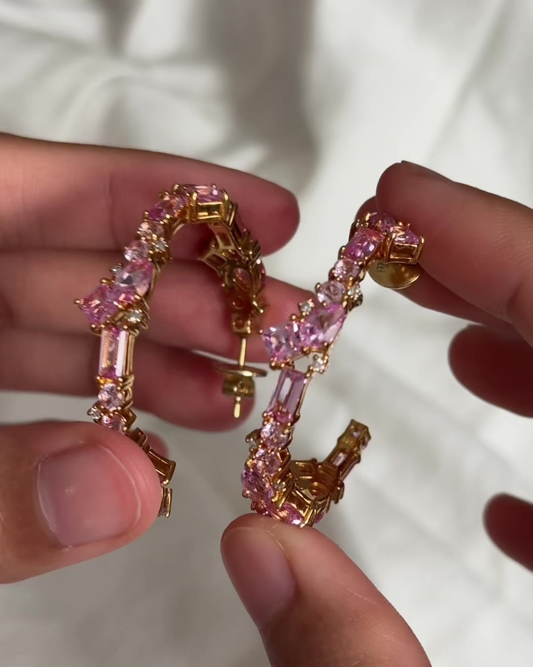 Lanna large hoop earrings in Pink sapphire & Diamond set in Gold