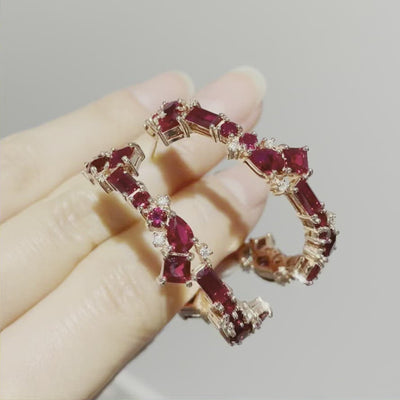 Lanna large hoop earrings in 18K pink gold vermeil set with lab grown diamond and ruby gem stones. Perfect for yourself and as gift.