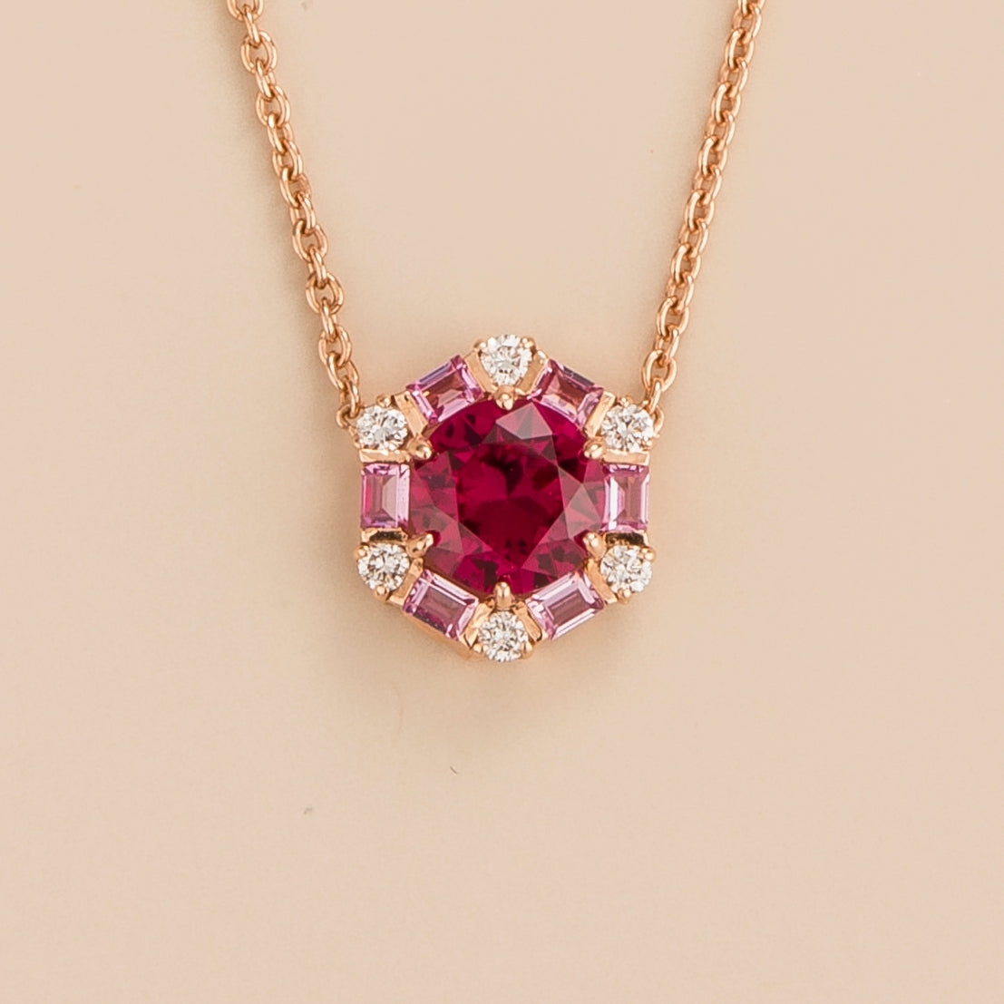 Melba necklace in Ruby, Pink sapphire and Diamond set in Pink gold