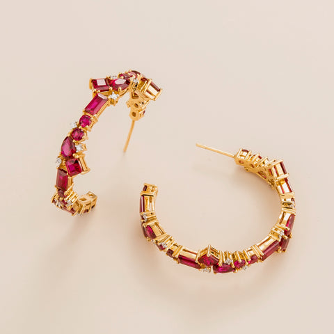 Emerald Earrings Juvetti Jewellery London Lanna Large Hoop Earrings In Ruby and Diamond Set In Gold